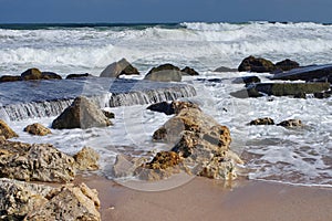 Seascape. Waves show. Summer, sea, sun, beach, rocks, holiday, fun and blue sky - Black Sea, landmark attraction in Romania