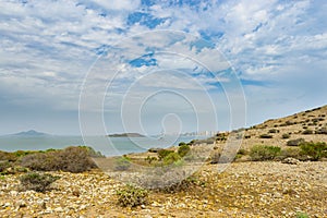 Seascape with a white yacht in La Manga del Mar Menor on a sunny day