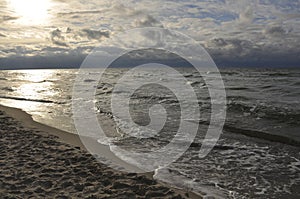 Seascape in windy weather. Nature, landscape, horizon, beach.