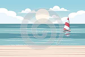 Seascape. Yacht at sea against the backdrop of a sea sunset. Summer illustration.