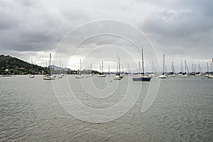 Seascape with yachts on the calm sea at Santo Antonio de Lisboa, Florianopolis, Brazil