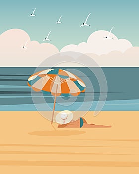 Seascape, young woman in a bikini under an umbrella on the sea beach. Summer illustration