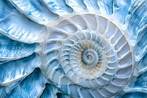 Seashell with a blue and white striped pattern on a textured background.