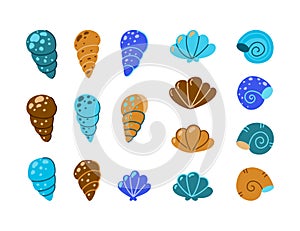 Seashell, cartoon icons set. Children`s hand drawn illustration of different ocean shells for kids design. Color flat isolated