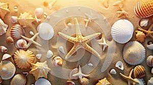 Seashell on clean sand of beach. Close up, beach sand texture. Beach sand texture in summer sun. banner