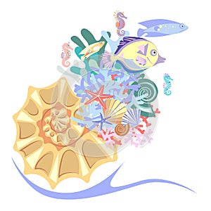 Seashell and colorful coral, tropical fish, sea horse, starfish. Concept of abstract cornucopia. Cartoon style