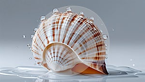 Photorealistic image of a clean shell with water droplets on a white background