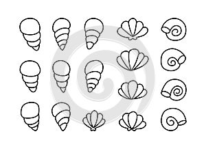 Seashell doodle icons set. Contour elements, cartoon design. Black hand drawn illustration of different ocean shells. Linear flat