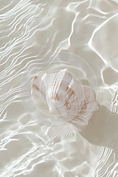 A seashell with intricate patterns rests on a sandy beach.