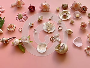 Jewelry gold  white pearl Luxury Glamour fashion  costume jewelry,  rings earrings bracelet with   pink  flowers  and seashell  l