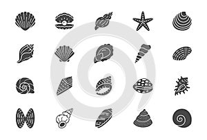 Seashell, oyster, scallop flat icons. Vector illustration included icon as nautilus, spiral shell, starfish, underwater