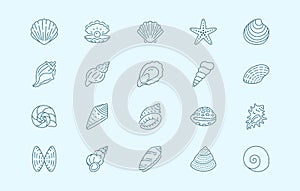 Seashell, oyster, scallop line icons. Vector illustration included icon as nautilus, spiral shell, starfish blue outline