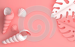 Seashell and paper tropical palm leaves on pink background. 3d render illustration. Ocean fauna underwater nautilus shell. Summer