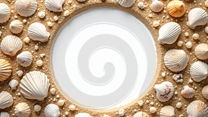 Seashell and pebble frame on sandy beach background