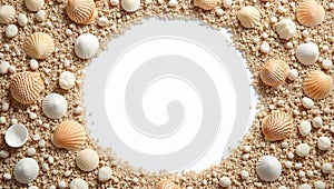 Seashell and pebble frame on sandy beach background