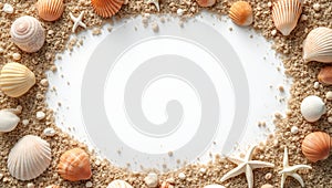 Seashell and pebble frame on sandy beach background
