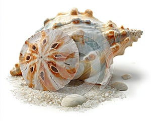 Seashell and Sand Dollar on White Sand