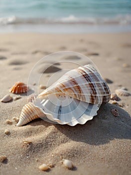Seashell on Sandy Beach. A close-up of a conch shell resting on the soft sand of a beach
