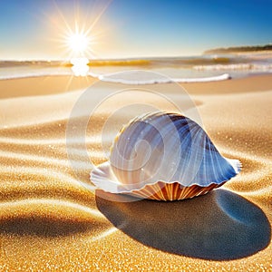 a seashell on a sandy beach with the sun shining in the
