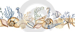 Seashell seamless Border. Hand drawn watercolor illustration of Sea Shell ornament on white isolated background. Drawing