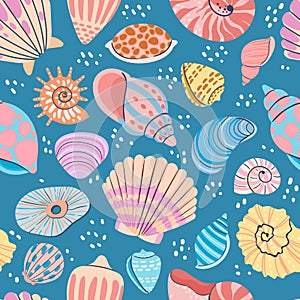Seashell seamless pattern. Summer ocean print with clam shells, oysters, scallops and shellfish. Marine mollusk photo