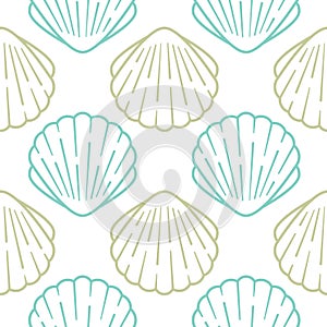 Seashell seamless pattern. Vector background included line icons as ocean sea shells, scallop nautical texture for