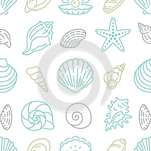 Seashell seamless pattern. Vector background included line icons as ocean sea shells, scallop, starfish, clam, oyster