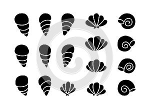 Seashell silhouette icons set. Contour elements, cartoon design. Black hand drawn illustration of different ocean shells. Flat