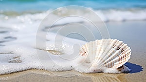 Seashell-speckled shore gleaming in the sunlight\'s embrace.AI Generated