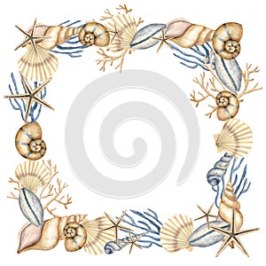 Seashell Square Frame. Hand drawn watercolor illustration of border with sea shells and starfishes on white isolated