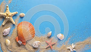 Seashell, starfish and beach sand on blue background