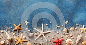 Seashell, starfish and beach sand on blue background. Summer holiday concept. Top view and flat lay