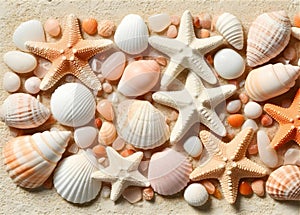 Seashell and Starfish Mosaic on Sandy Background