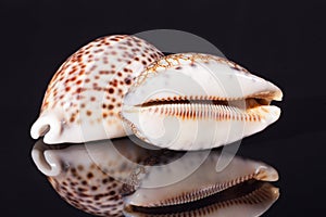 Seashell of tiger cowry on black background