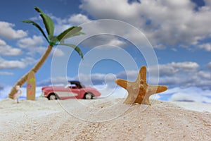 Seashell on Tropical Beach With Vintage Hot Rod in Background and Blue Sky