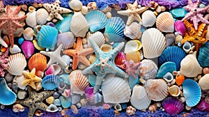 Seashells background texture close up. Closeup of beautiful colorful sea shells in different shapes, coral and starfish