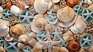 Seashells background texture close up. Closeup of beautiful colorful sea shells in different shapes, coral and starfish