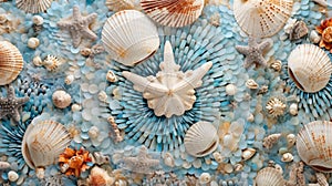 Seashells background texture close up. Closeup of beautiful colorful sea shells in different shapes, coral and starfish