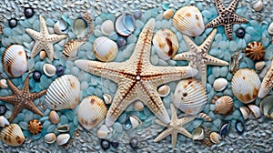 Seashells background texture close up. Closeup of beautiful colorful sea shells in different shapes, coral and starfish