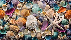 Seashells background texture close up. Closeup of beautiful colorful sea shells in different shapes, coral and starfish