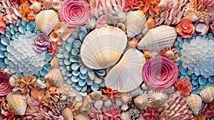 Seashells background texture close up. Closeup of beautiful colorful sea shells in different shapes, coral and starfish