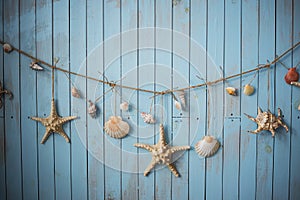 Seashells on blue boards vacation holiday