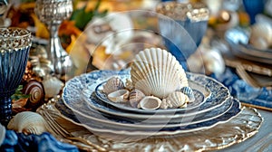 Seashells on Blue and Gold Plates