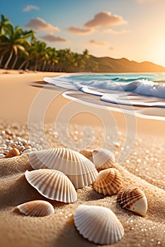 Seashells close-up on the golden ocean shore. Palm trees In the distance, and gentle waves creep into the sand