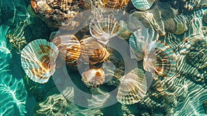 Seashells and coral underwater with sunlit ripples,. Generated AI