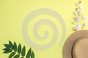 Seashells and hat on a yellow background, summer holidays mood, top view