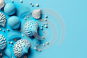 Seashells on the light blue background, copyspace. Generative AI