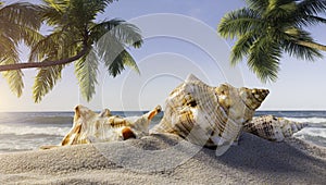 Seashells like a trumpet on the seashore with sea waves and blue sky