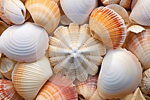 Seashells macro background. Sshells have different shapes, colors and textures, creating stunning pattern. Mermaidcore