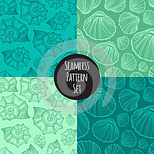 Seashells nautilus seamless pattern set vector. Doodle background.